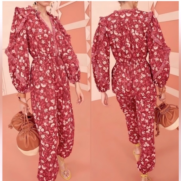 ULLA JOHNSON Delphine Burgundy Long Balloon Sleeves Floral Jumpsuit size 4 - Picture 1 of 13